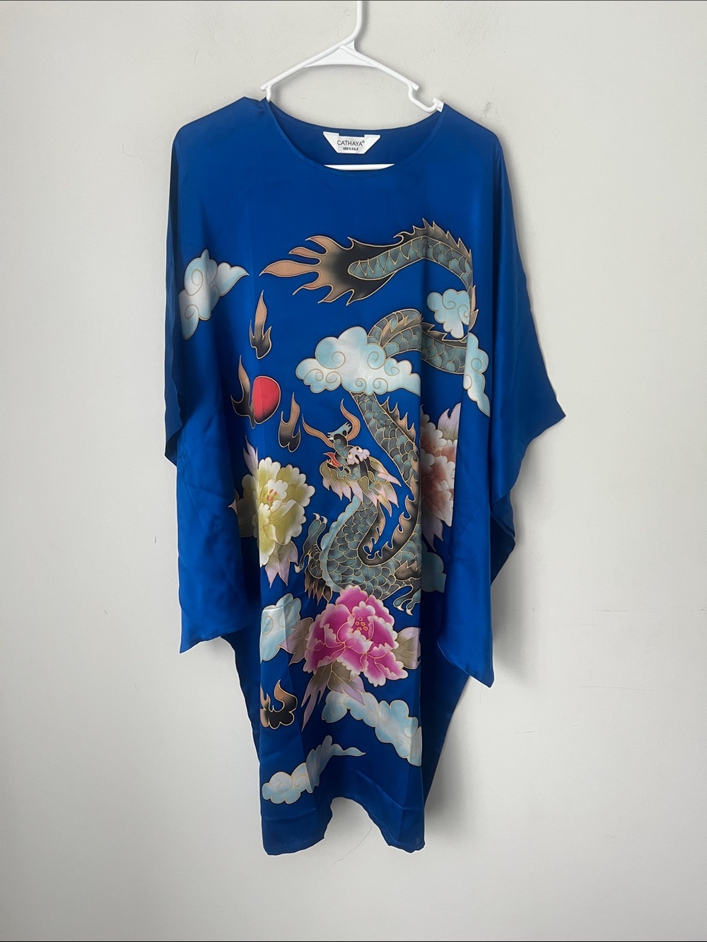 Cathaya 100% Silk Dragon Kimono One Size Blue ✔️